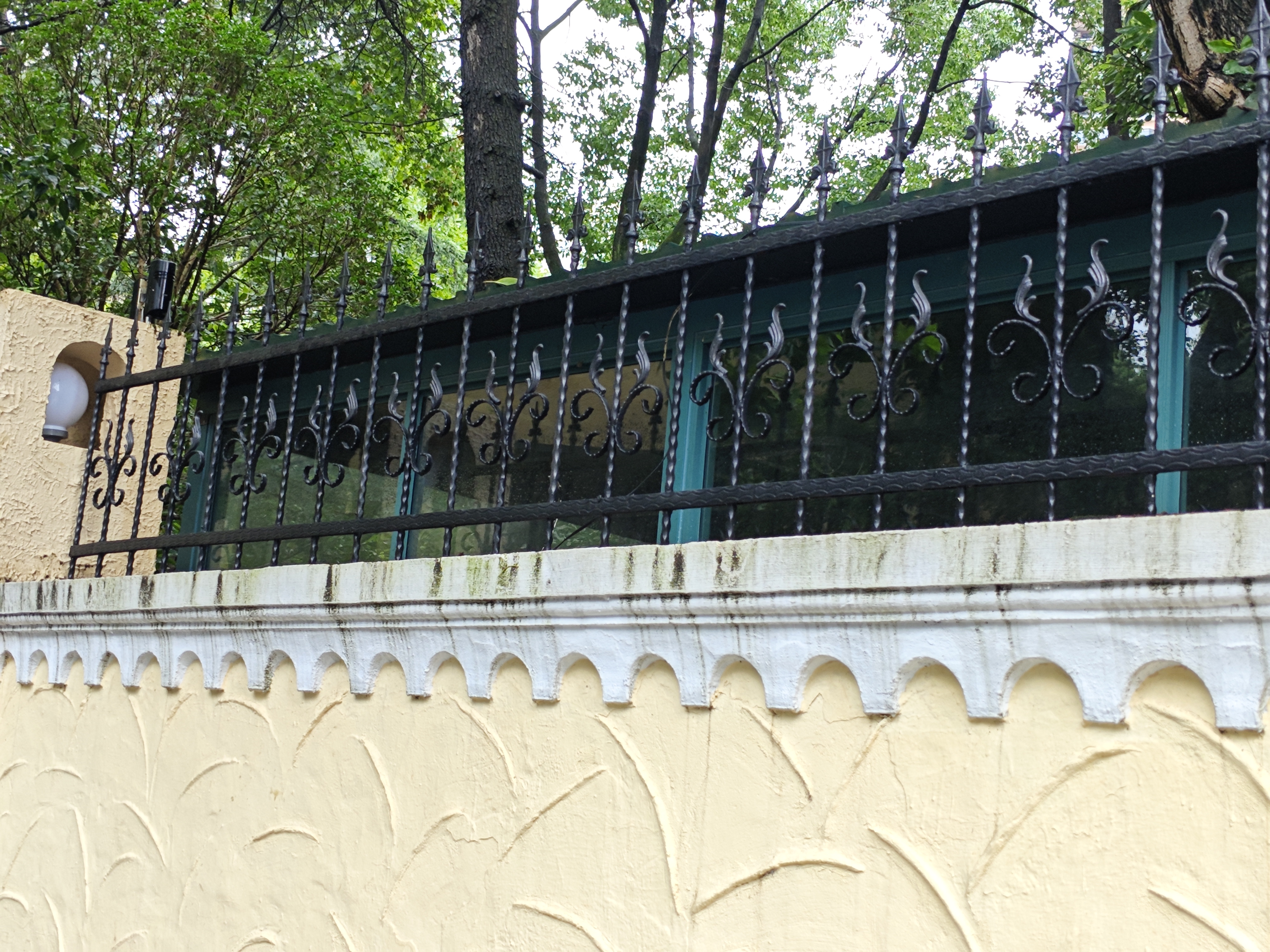 Black ornamental iron fence along a garden wall