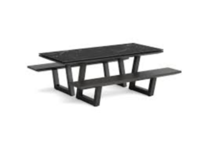 Black steel picnic table with attached benches on a white background